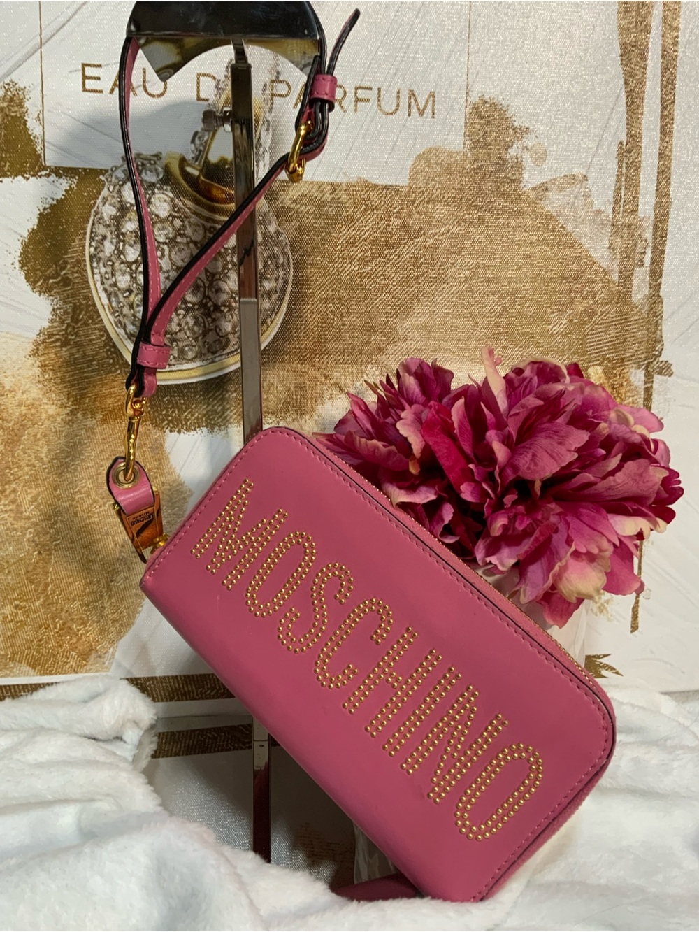 Moschino Pink Gold-Stud Logo Crossbody Bag